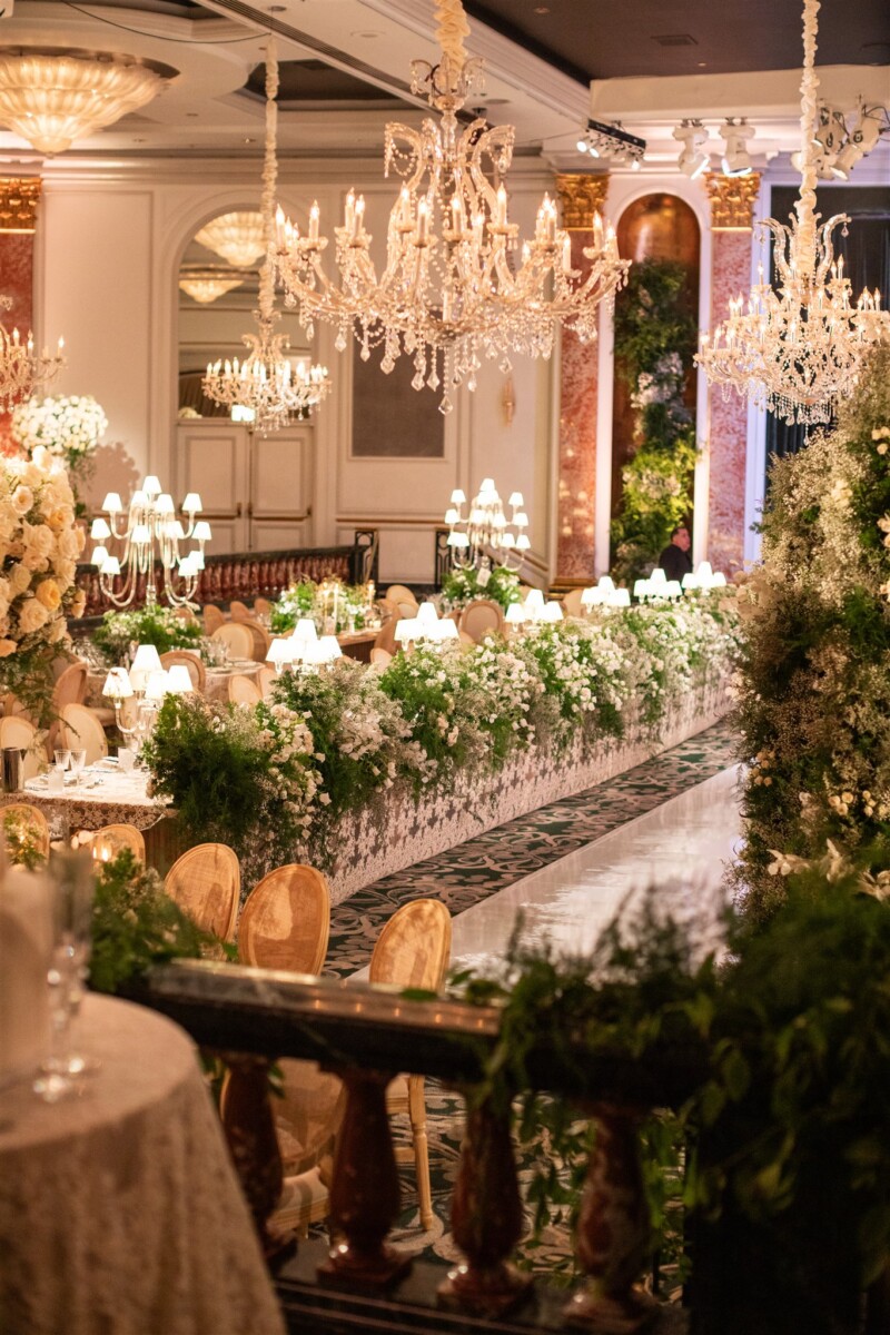 Beverly Wilshire wedding reception with green and white florals