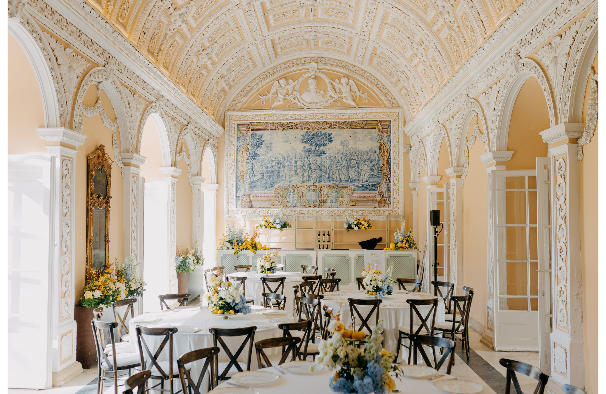 yellow and white wedding lunch decor