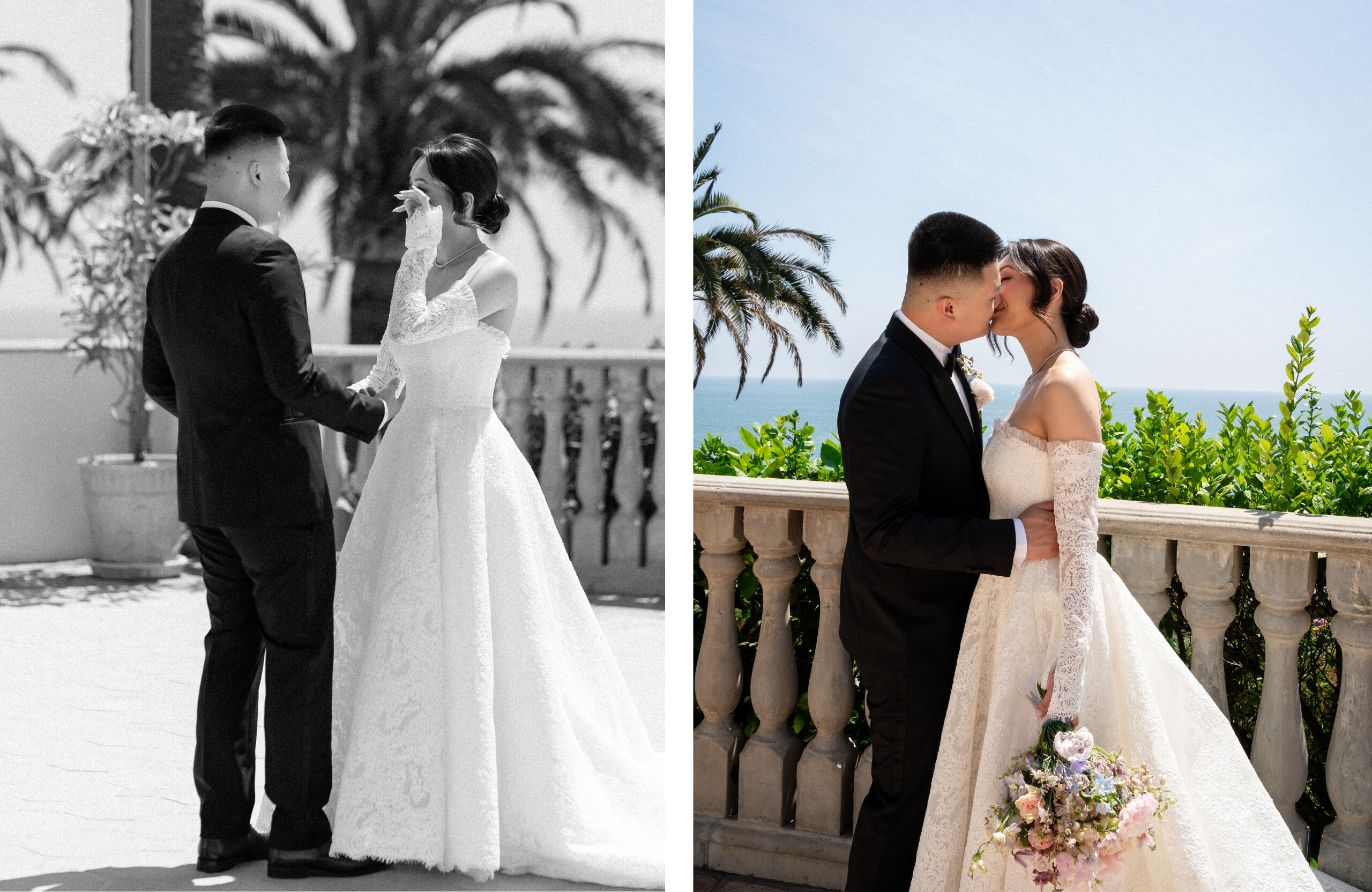 bride and groom first look at The Bel-Air Bay Club