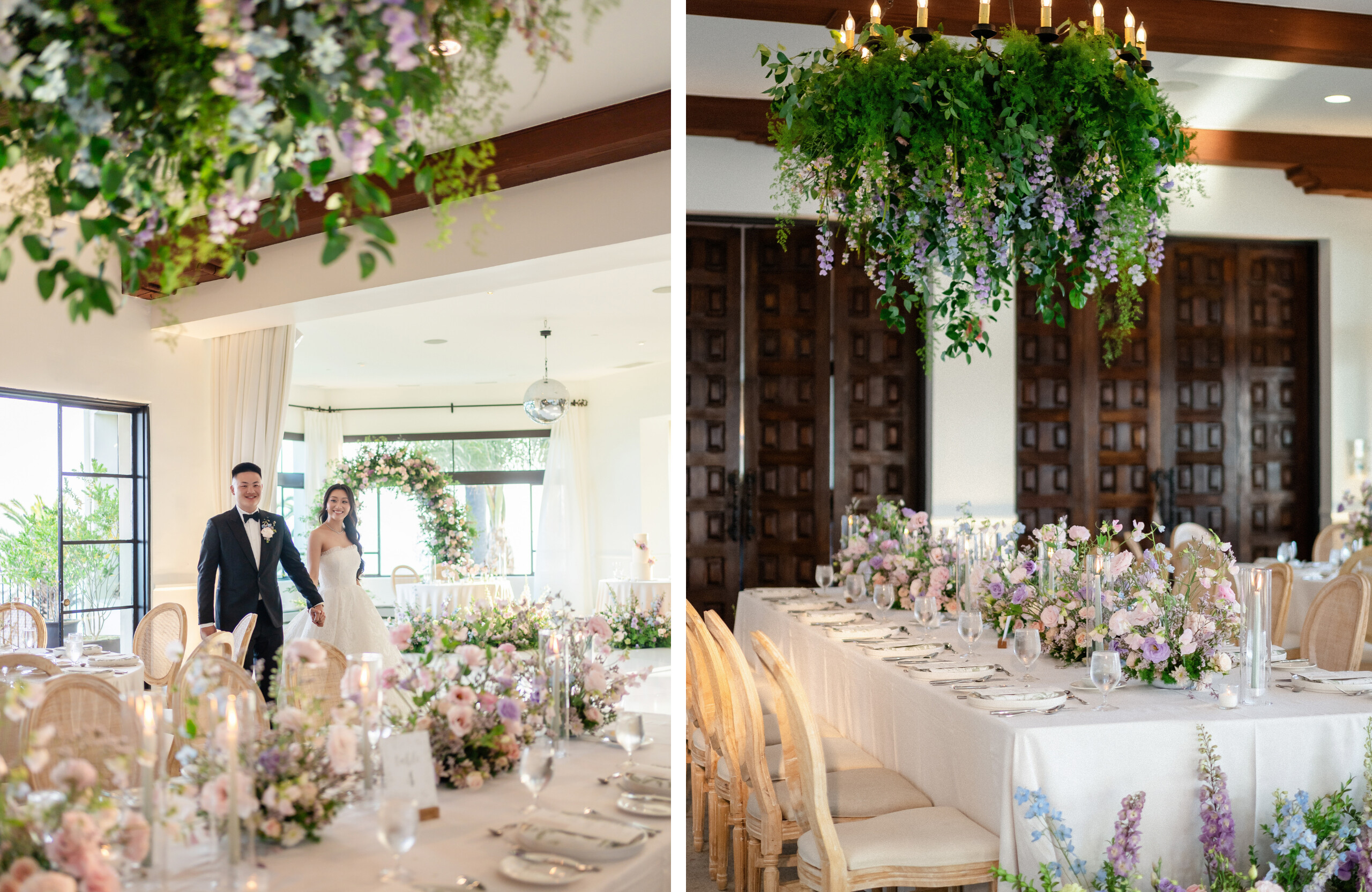wedding reception at The Bel-Air Bay Club with pastel flowers and greenery