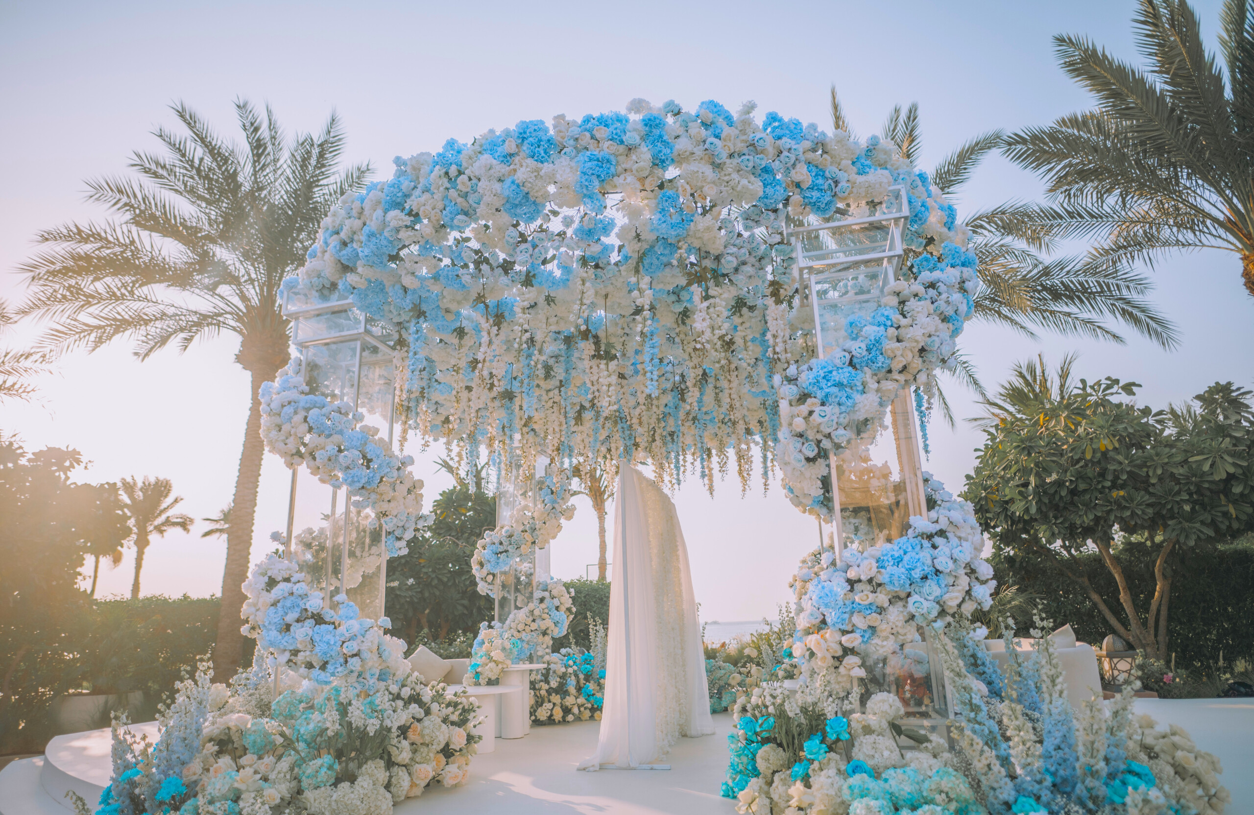 Nikkah wedding ceremony decor with blue and white flowers