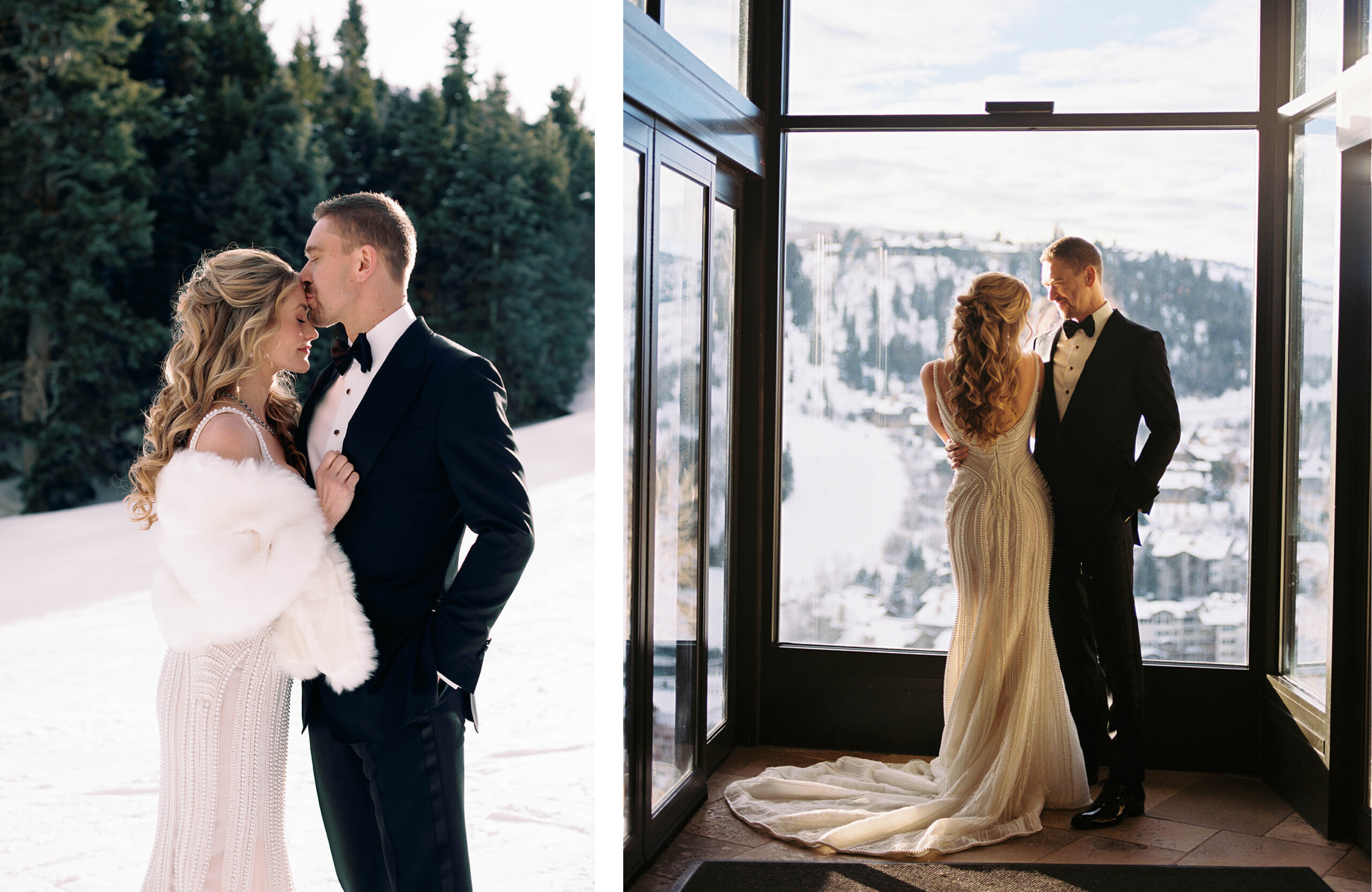 bride and groom in snow at The St. Regis Deer Valley