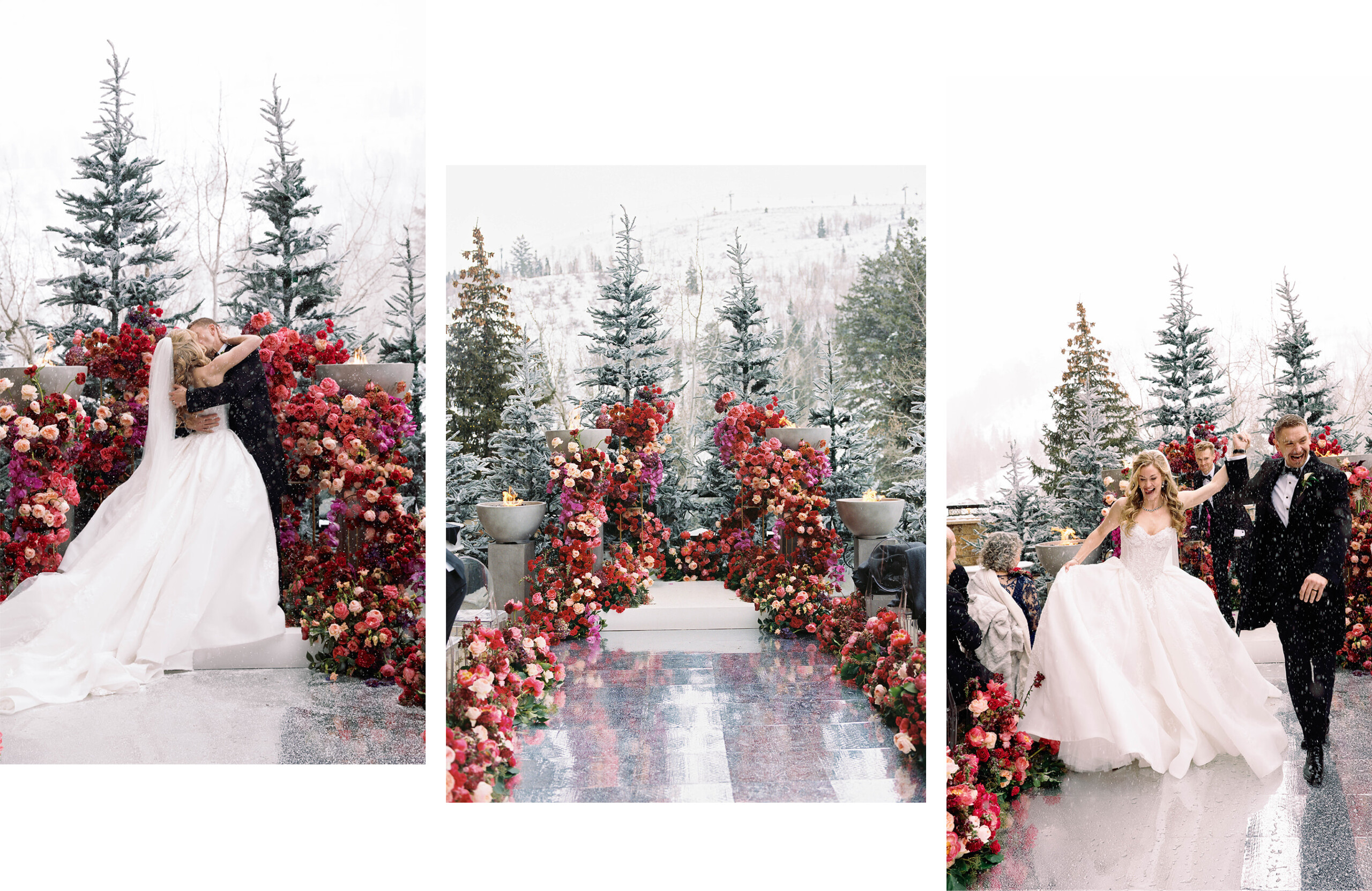 snowy outdoor winter wedding ceremony in Park City with bright florals