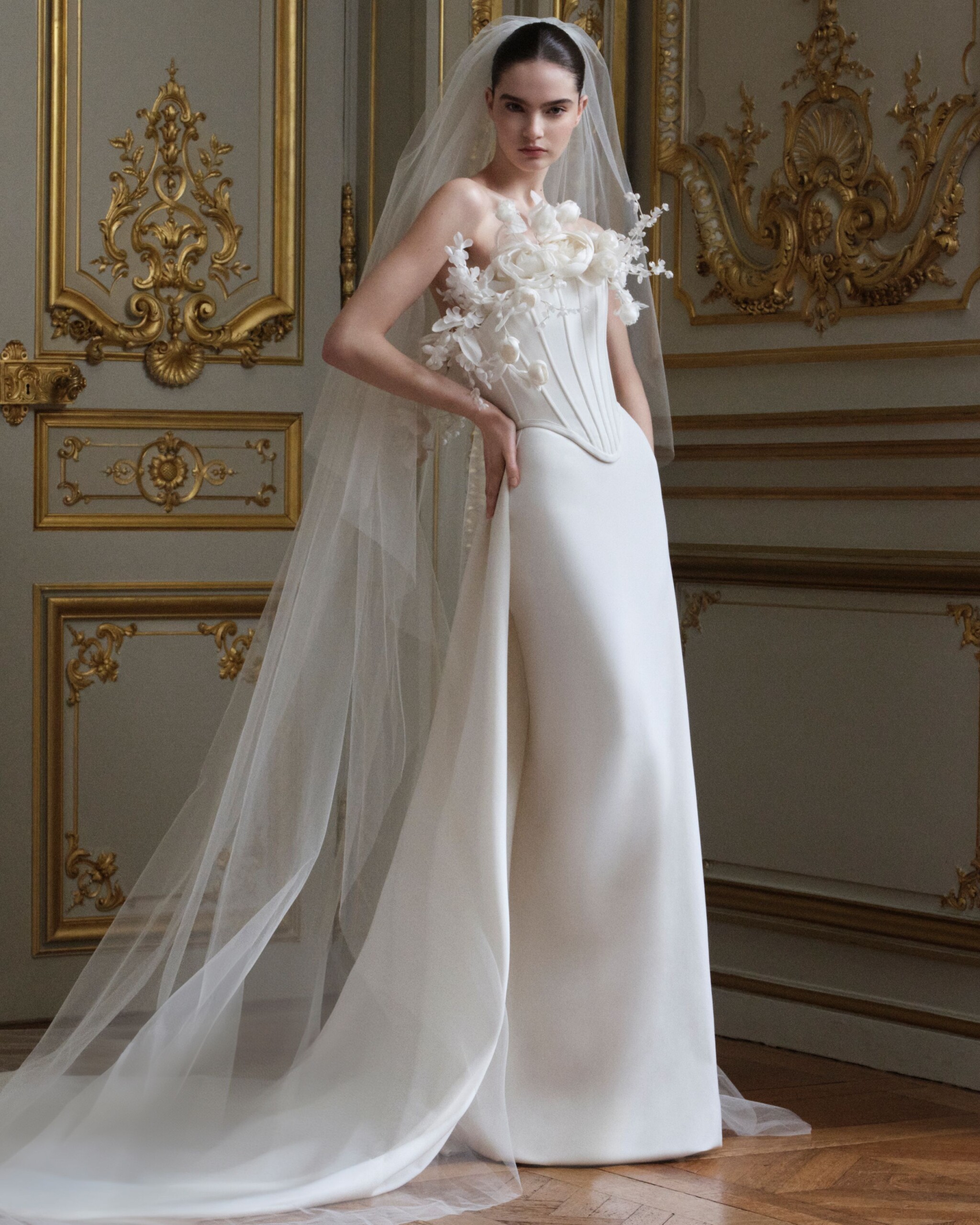 Floral Appliqued Strapless Wedding Dress