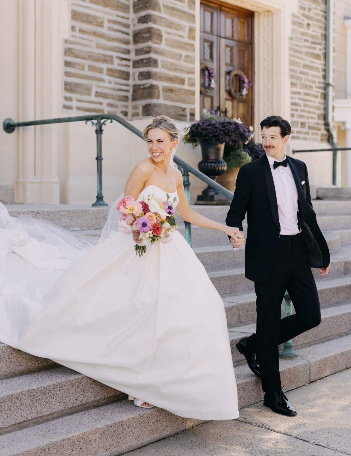 bride and groom with Amsale wedding dress