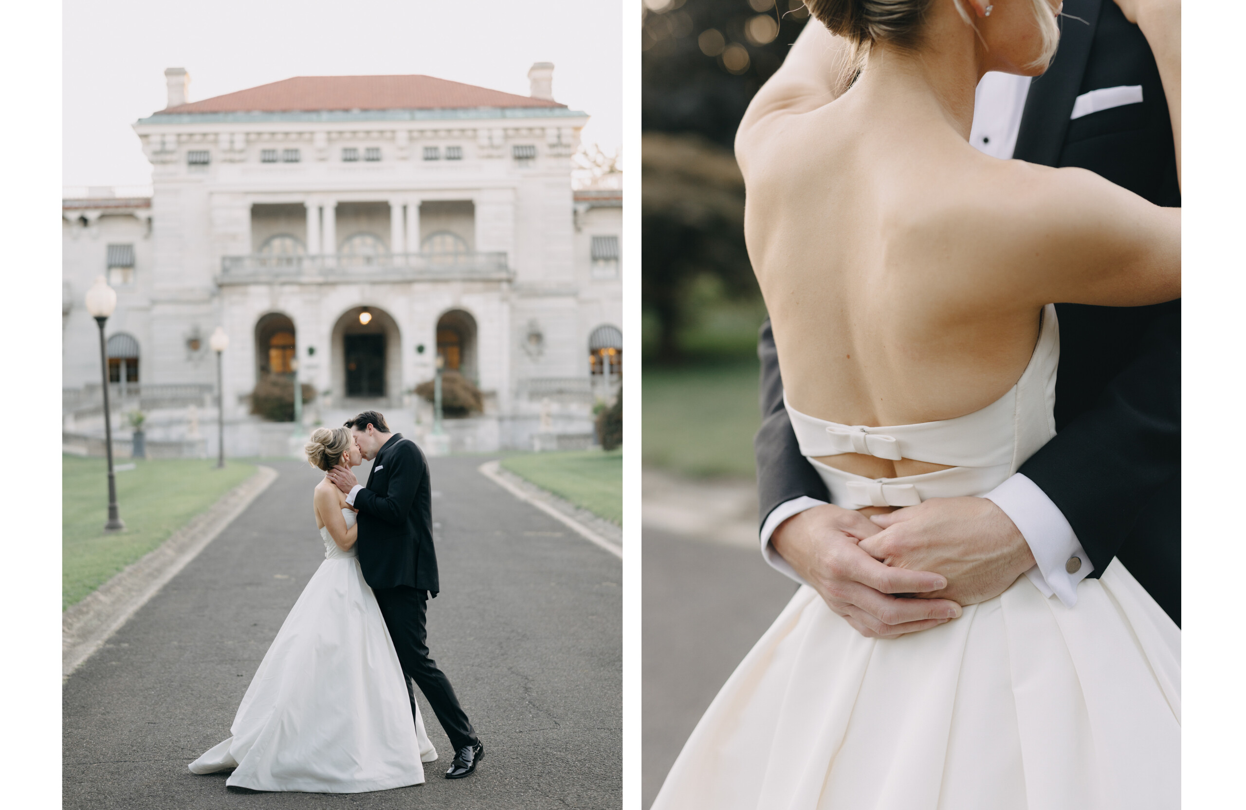 bride and groom candid wedding portraits with Amsale bridal gown