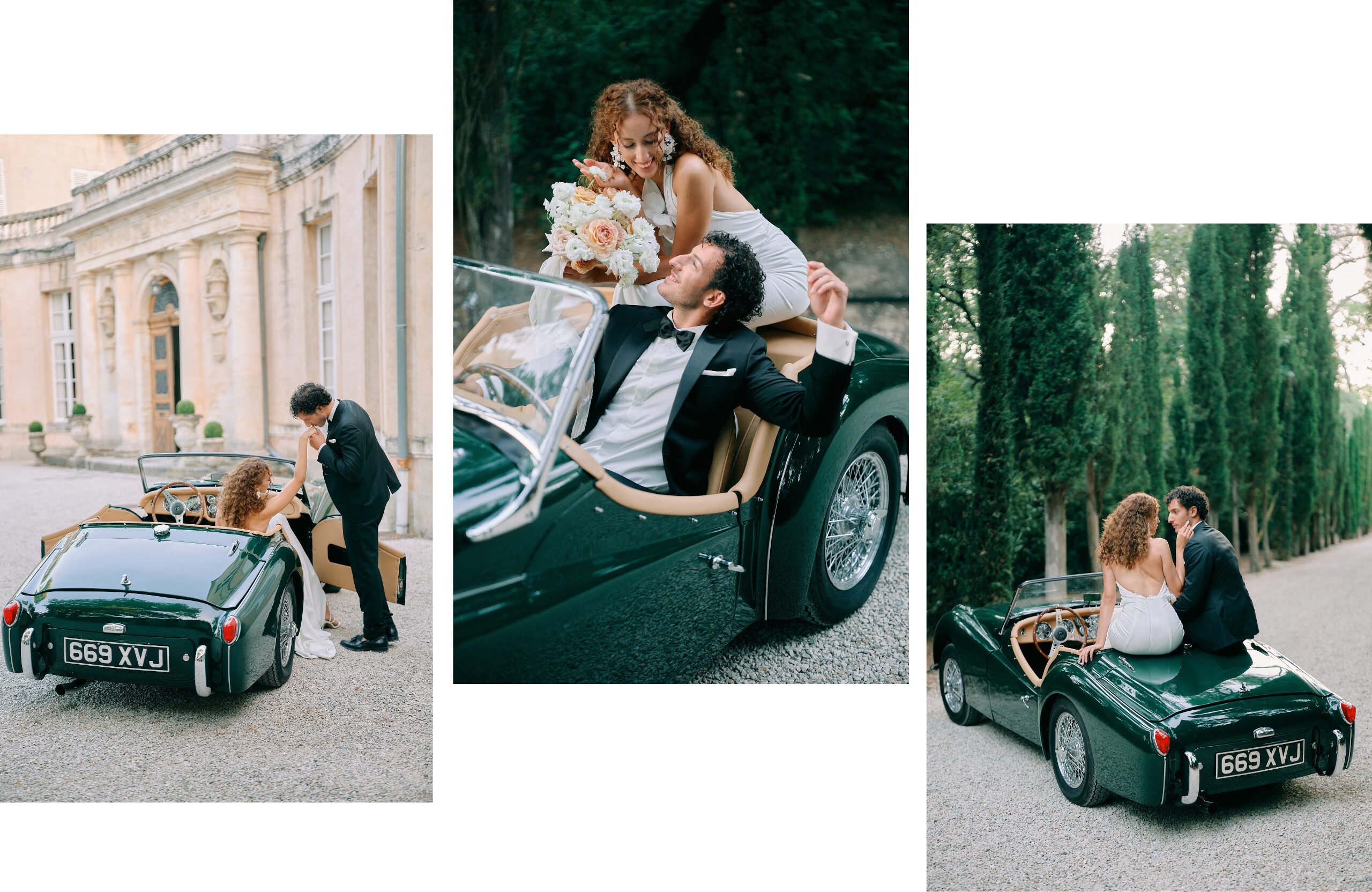 bride and groom elopement in classic car