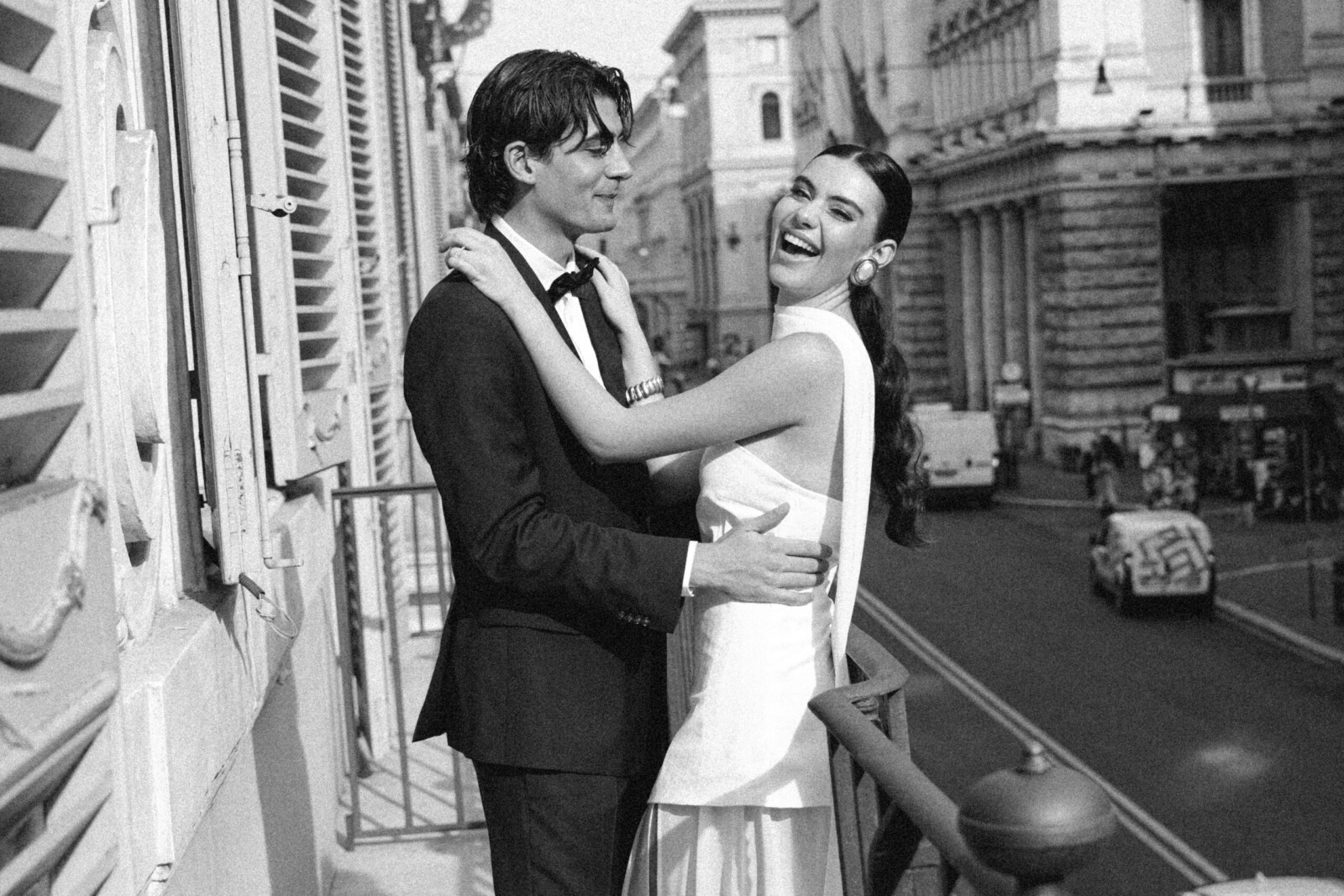 black and white editorial photo of couple in Rome