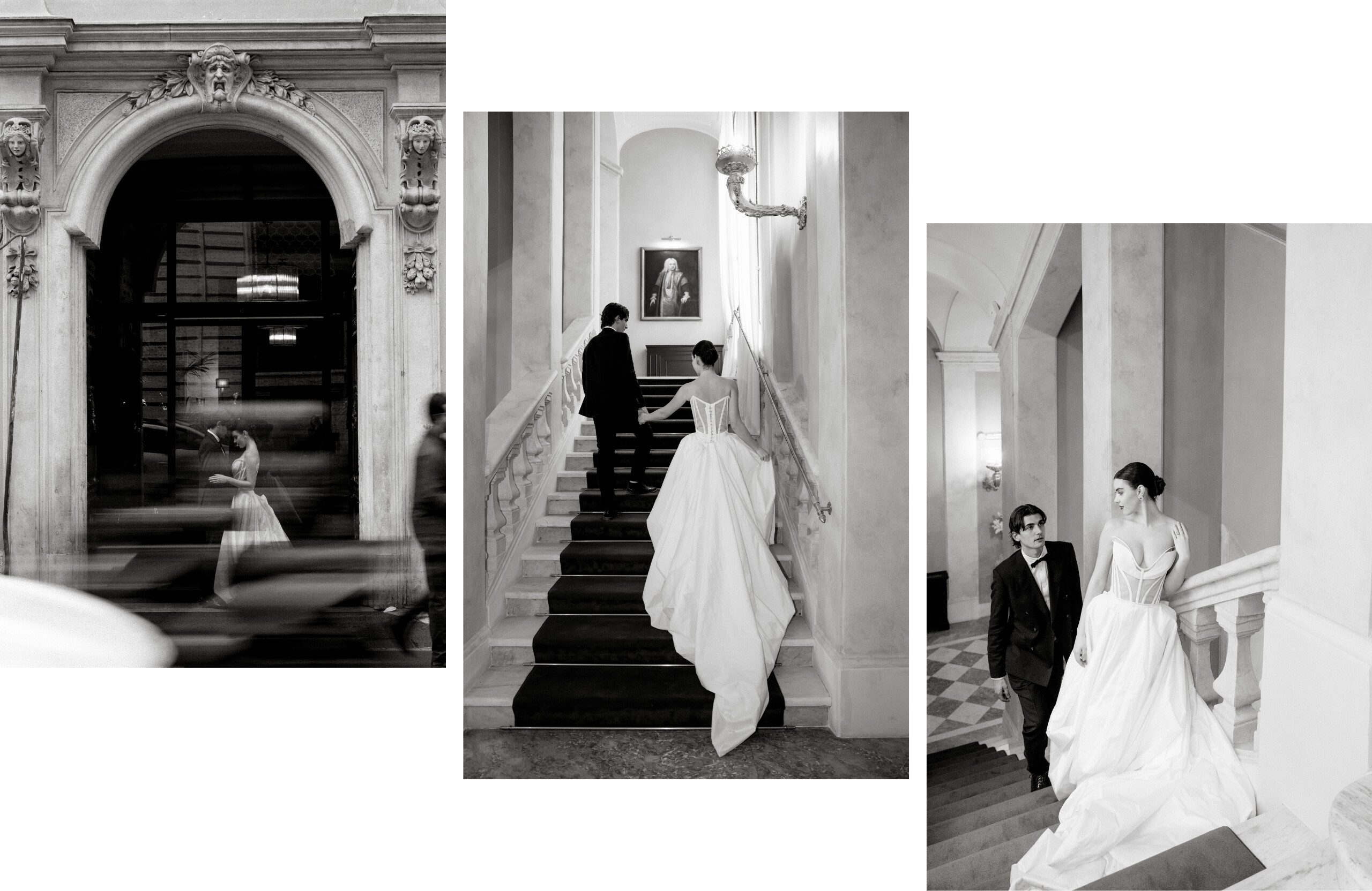 black and white photos of bride and groom in Rome